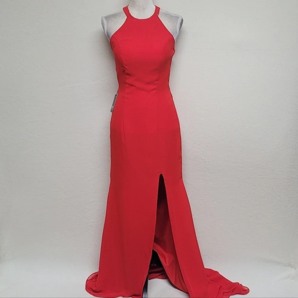 Vegeron Fiery Red Bustier Bust Thigh Slit Backless Halter Maxi Mermaid Dress 2